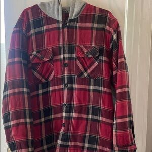 Red and Black Plaid Hooded Button Up Lightweight Jacket